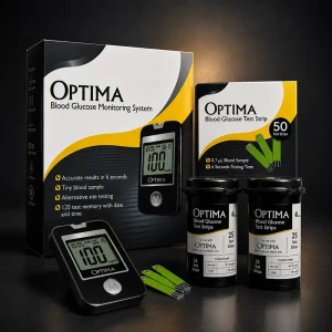 Optima Blood Glucose Monitoring Device Combo Pack with Glucose Meter, 50 Test Strips, Two 25-Strip Vials for Home Blood Sugar Testing