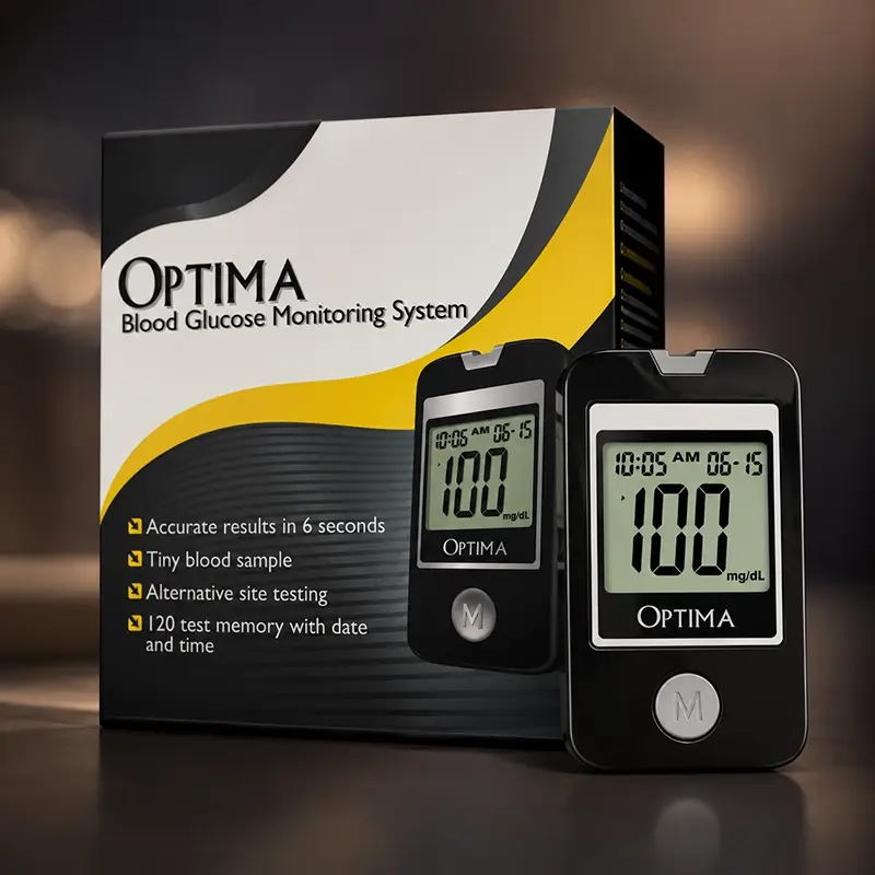 Optima Blood Glucose Monitoring Device with meter, test strips and blood glucose monitoring kit for accurate home diabetes testing